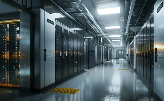 サーバーラックが整然と並ぶデータセンターの通路