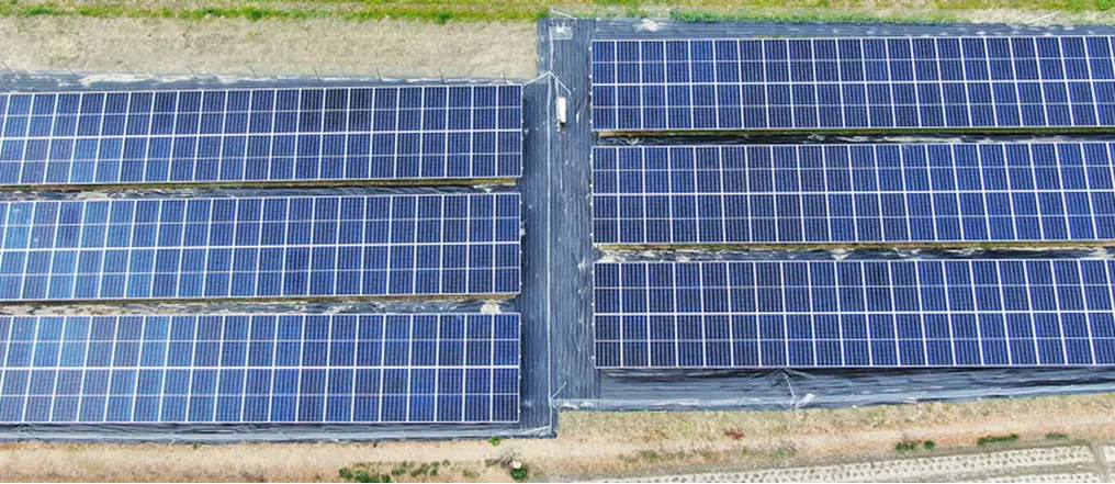 上空から見た太陽光発電所の風景。広大な敷地に多数の青い太陽光発電パネルが整然と並べられている