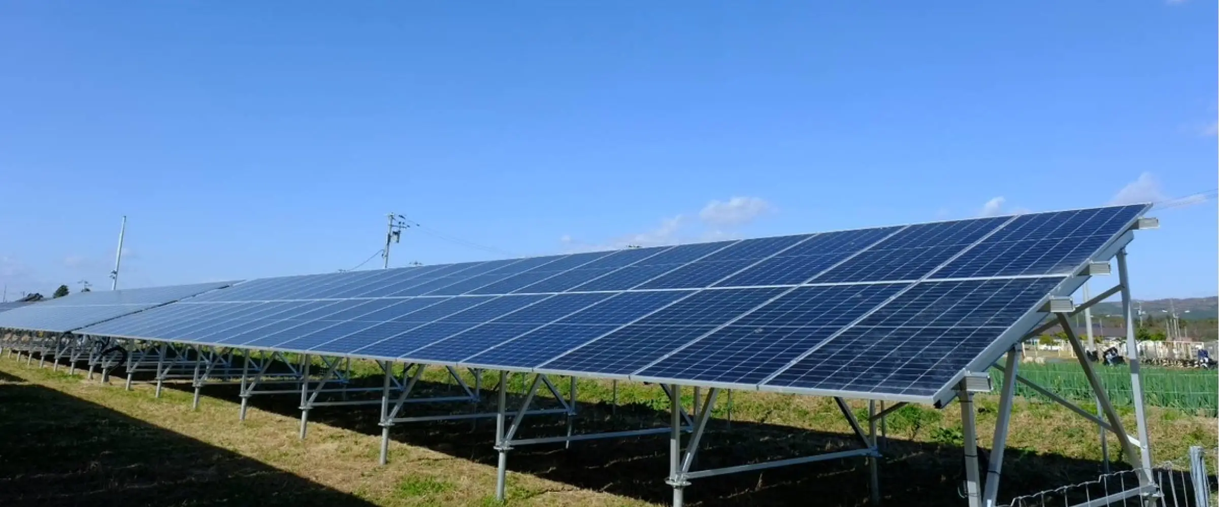 青空を背景に草地に設置された太陽光パネルの列