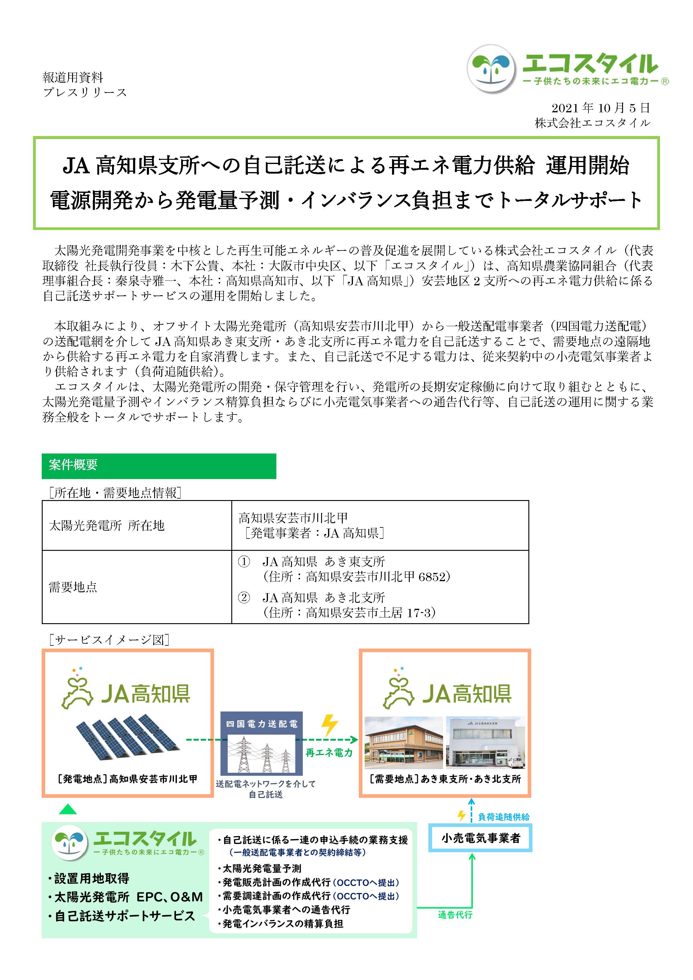 JA高知県支所への自己託送による再エネ電力供給 運用開始 電源開発から発電量予測・インバランス負担までトータルサポート