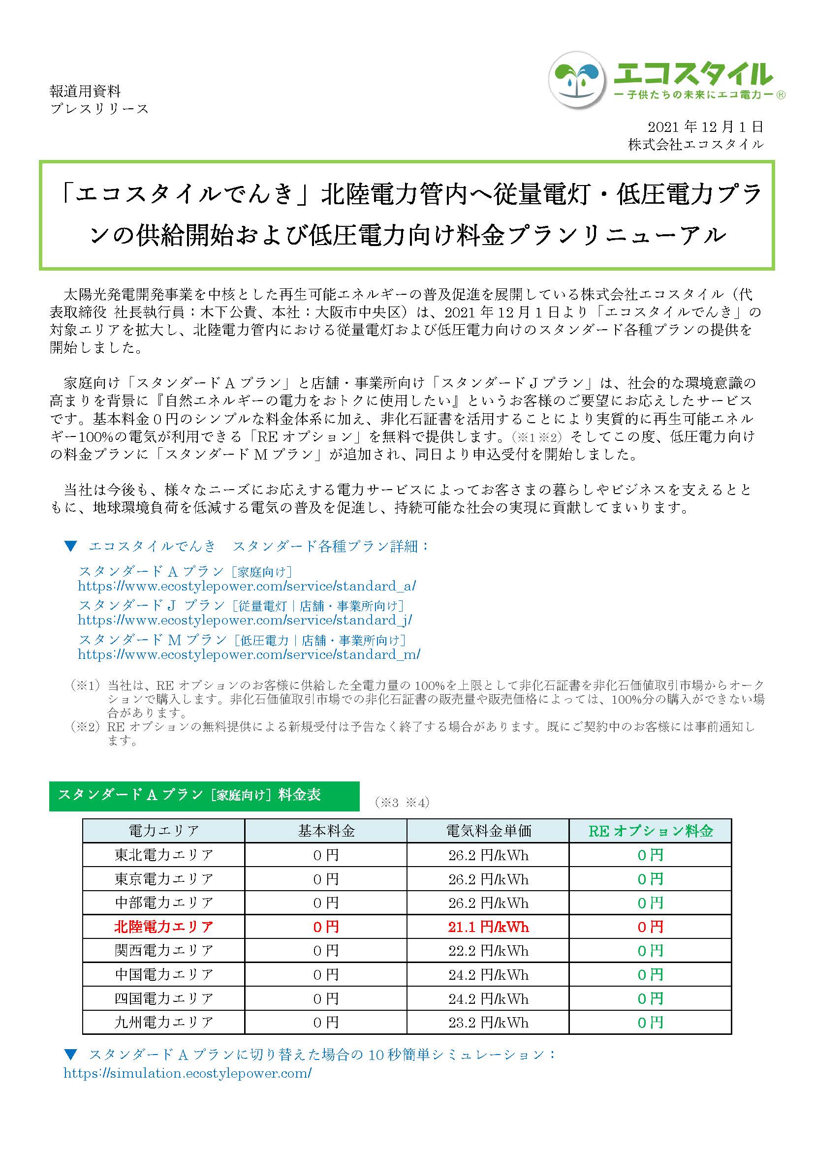 「エコスタイルでんき」北陸電力管内へ従量電灯・低圧電力プランの供給開始および低圧電力向け料金プランリニューアル