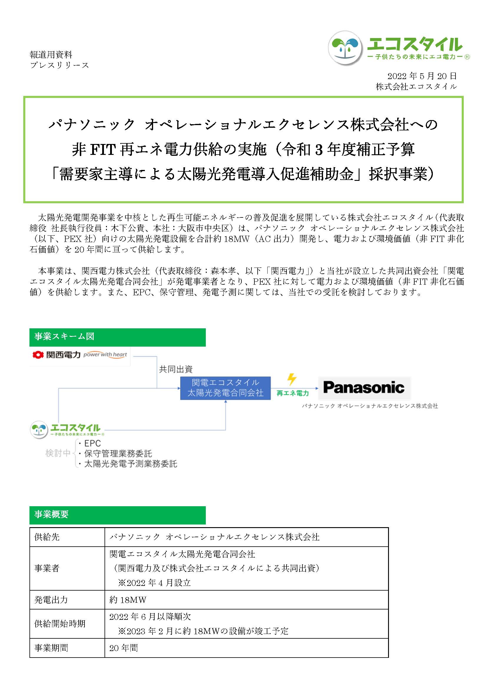 パナソニック オペレーショナルエクセレンス株式会社への非FIT再エネ電力供給の実施