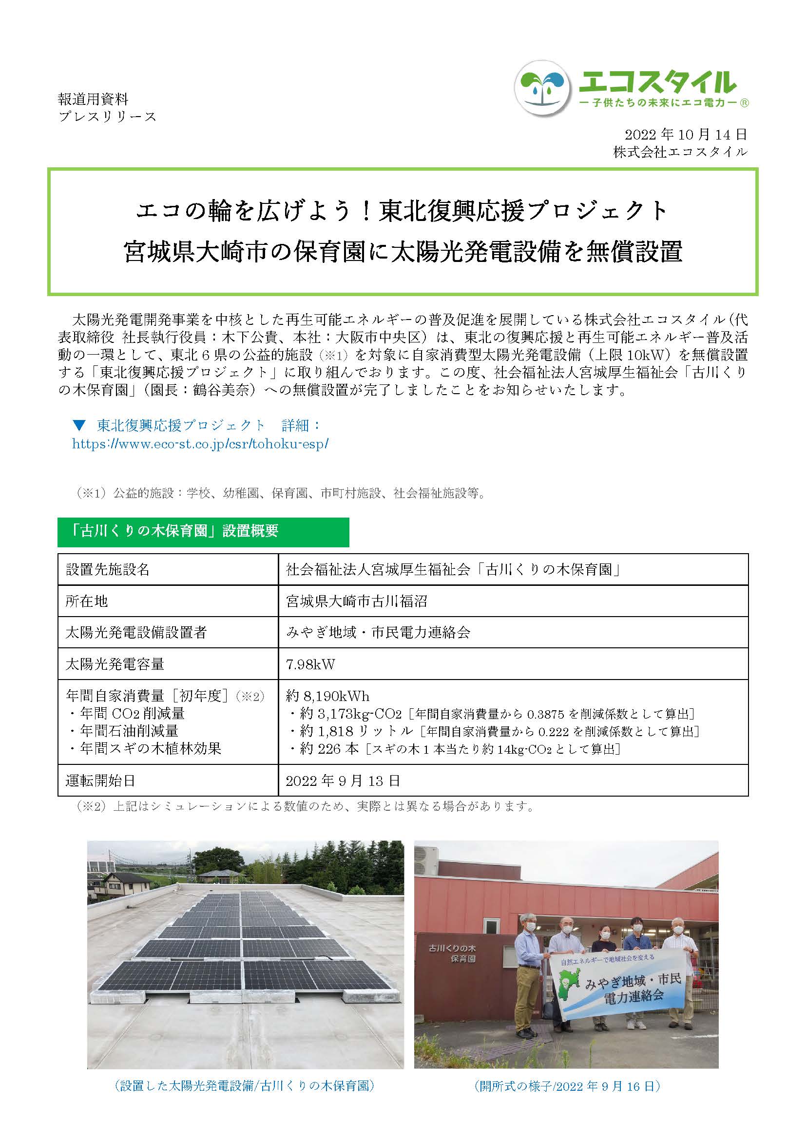 エコの輪を広げよう！東北復興応援プロジェクト
宮城県大崎市の保育園に太陽光発電設備を無償設置