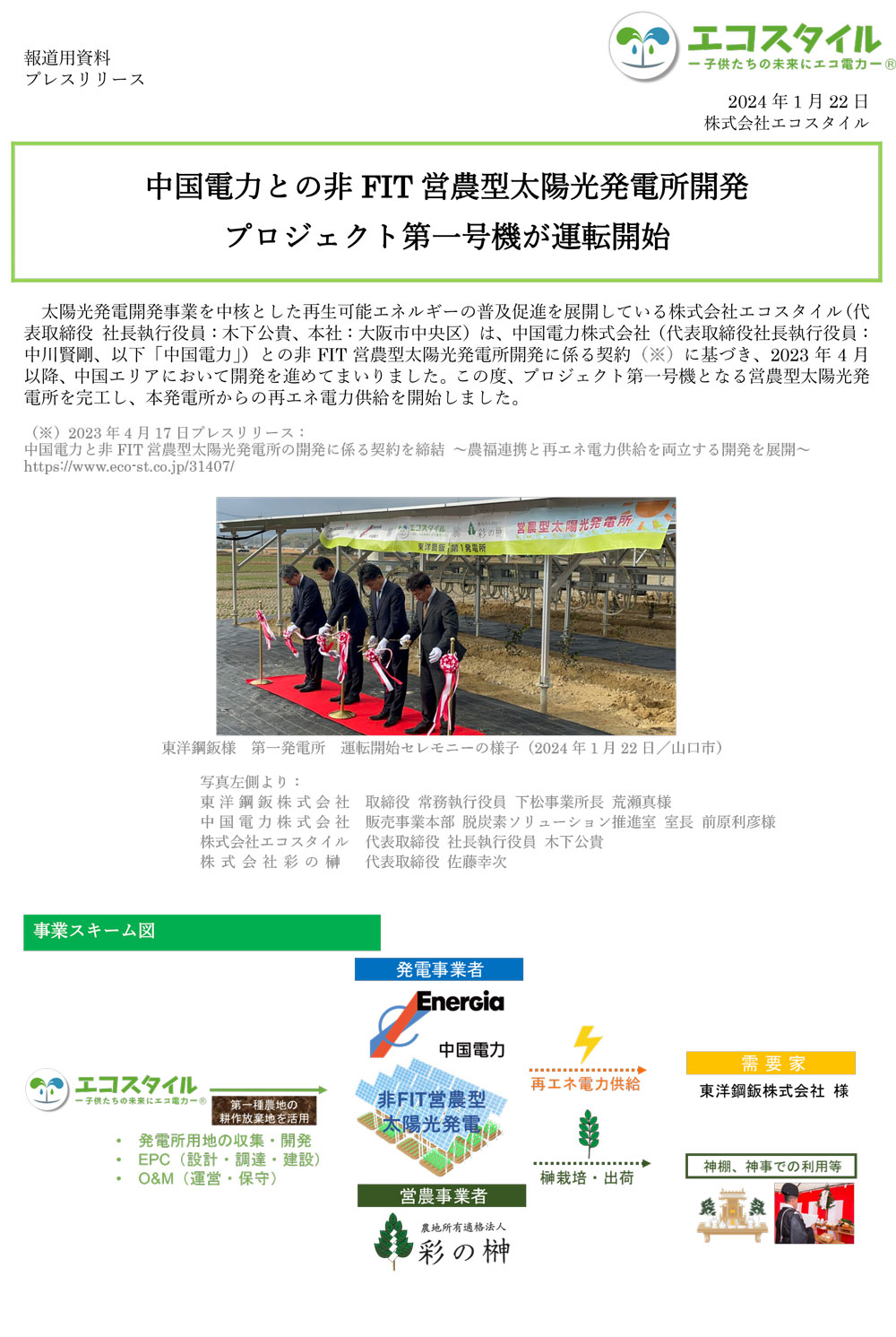 中国電力との非FIT営農型太陽光発電所開発 プロジェクト第一号機が運転開始