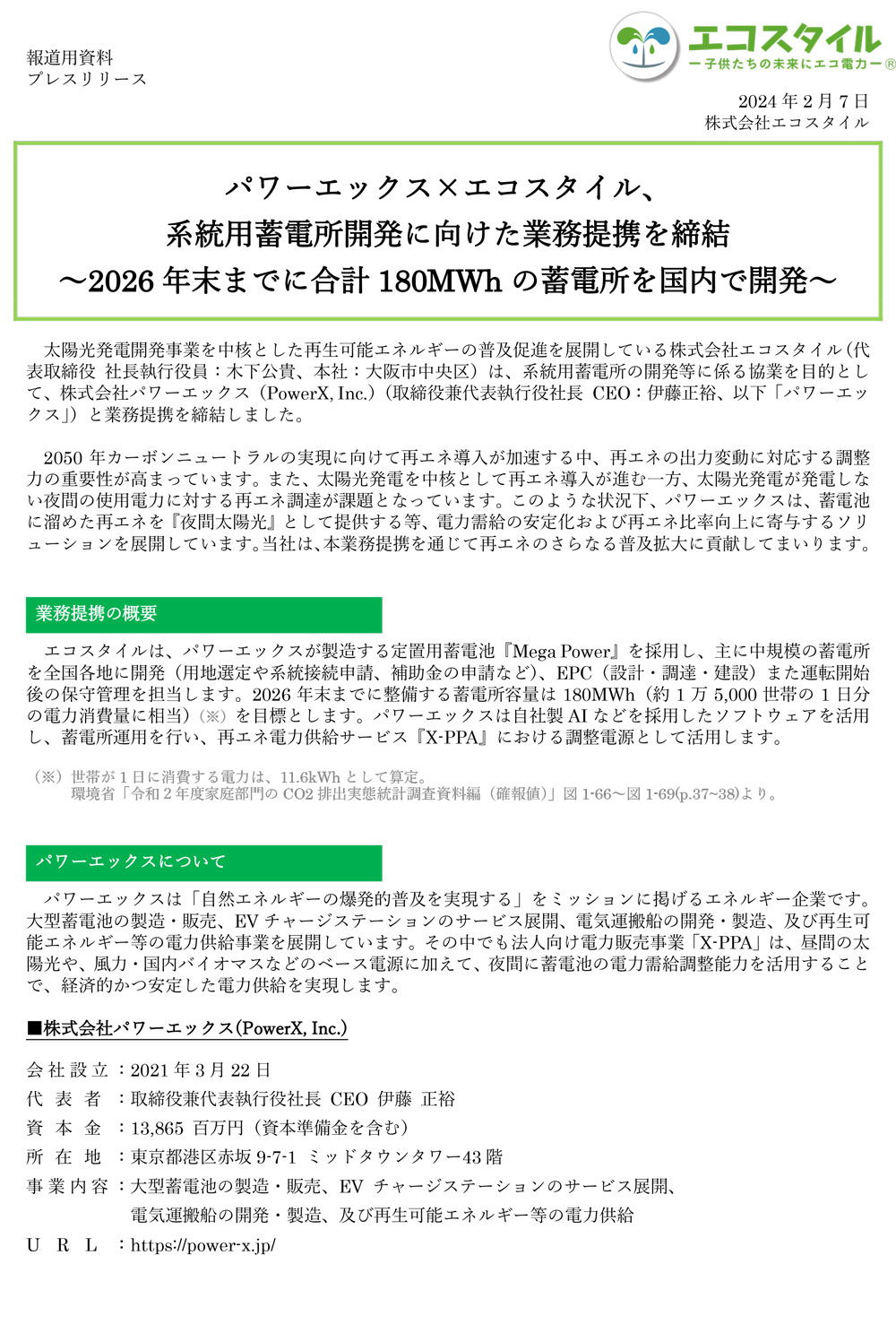 パワーエックス×エコスタイル、系統用蓄電所開発に向けた業務提携を締結～2026年末までに合計180MWhの蓄電所を国内で開発～